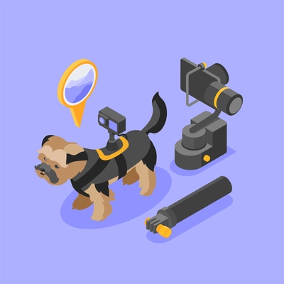 Little dog with action camera on back isometric composition on color background 3d vector illustration