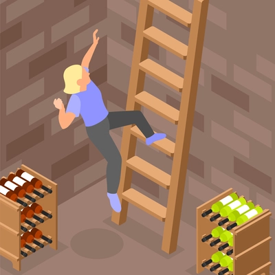 Woman falling off wooden ladder in wine cellar isometric background vector illustration