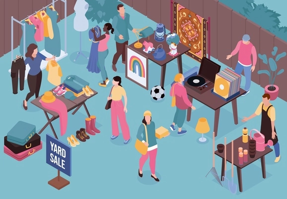 People buying clothes garden supplies vinyl records and other goods at garage sale isometric vector illustration