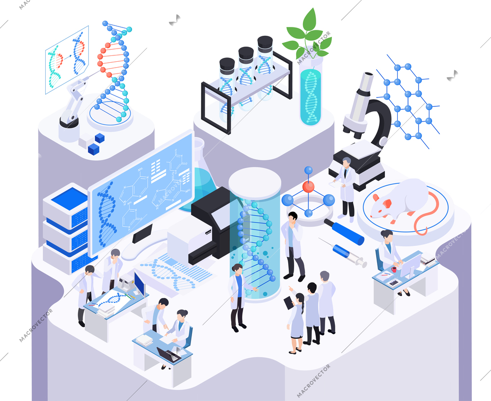 Biotechnology isometric composition with view of laboratory workplace desktop elements with test tubes dna and scientists vector illustration