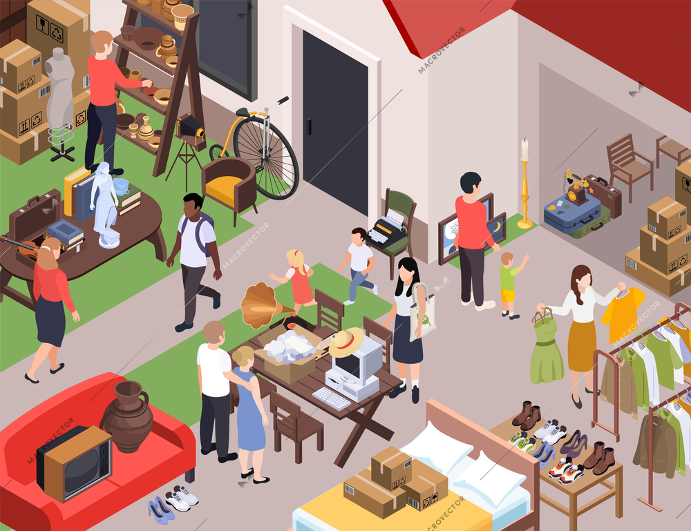 Antiquarian antique isometric composition with outdoor view of garage sale with retro goods clothes and people vector illustration