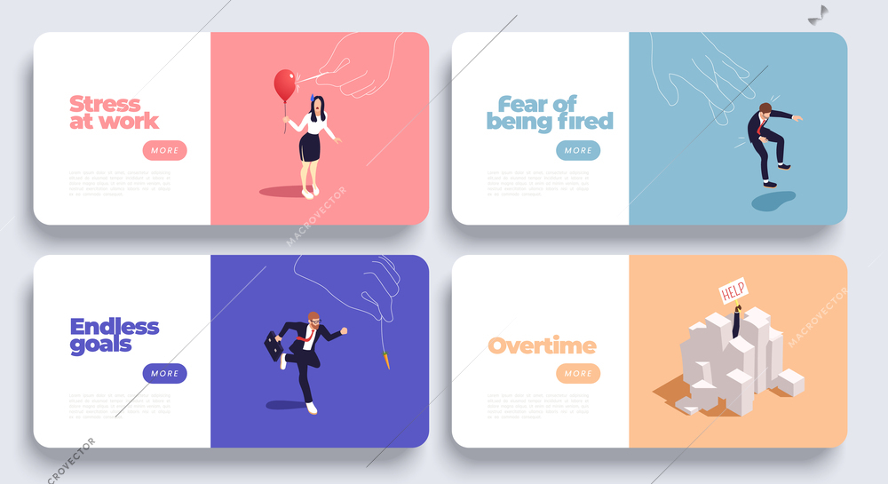 Office people isometric banner set with businessmen dealing with work stress isolated vector illustration