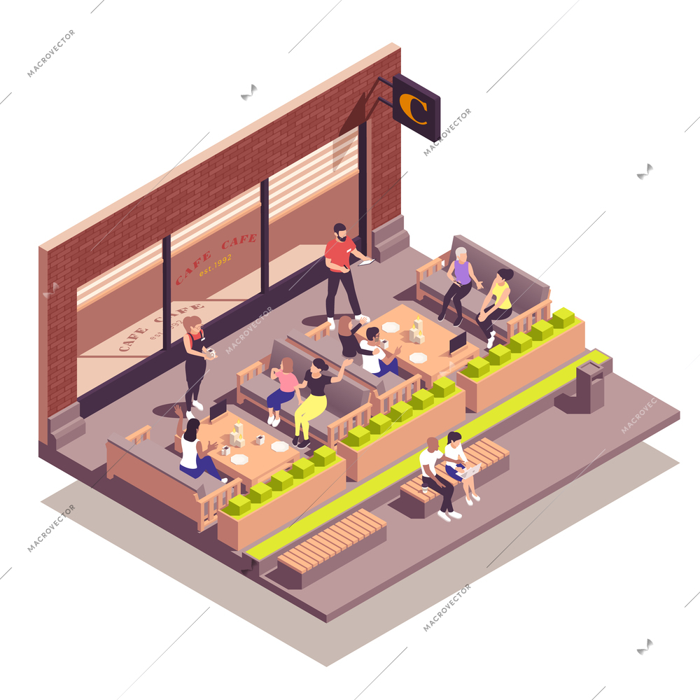 Street cafe isometric concept with people sitting on outdoor terrace vector illustration