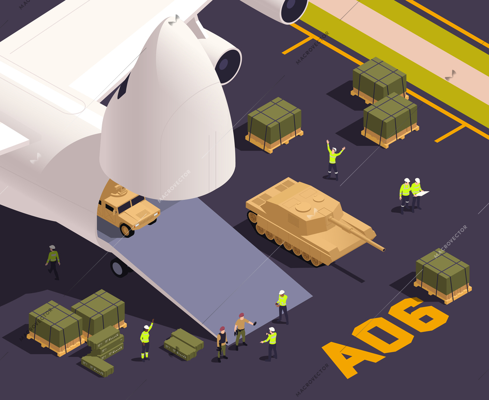 Air cargo isometric concept with military machines loading into aircraft vector illustration