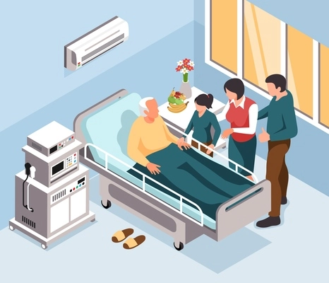 Relatives visiting elderly man in hospital 3d isometric vector illustration