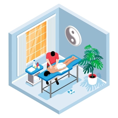 Isometric massage composition with isolated view of massage room and massagist with client lying on table vector illustration