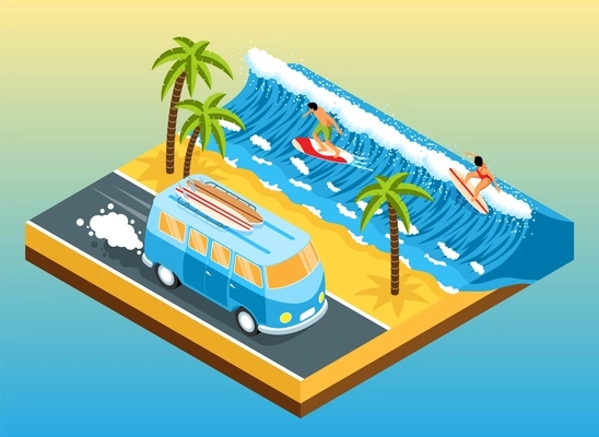 Surfing isometric object with male and female sportsmen riding on waves with surfboard isolated at colored background vector illustration