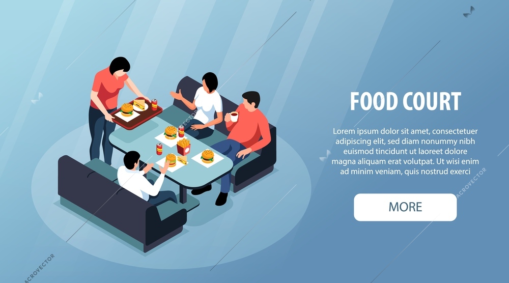 Food court horizontal banner with group of young people sitting together at table and eating fast food dishes isometric vector illustration