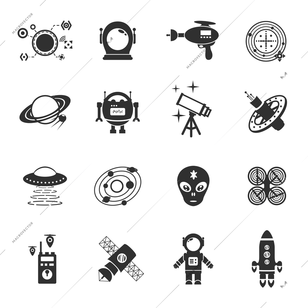 Fiction icons black set with spaceman spaceship and flying saucer isolated vector illustration