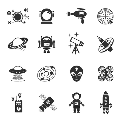 Fiction icons black set with spaceman spaceship and flying saucer isolated vector illustration