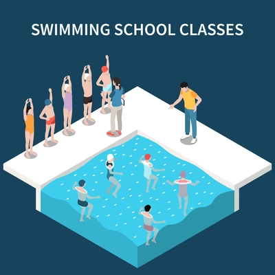 Swimming school classes isometric composition with trainers teaching children in swimming pool vector illustration