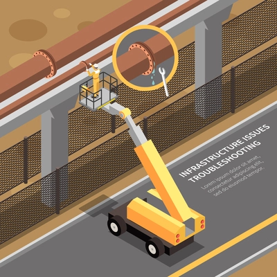 Infrastructure issues troubleshooting isometric composition with people working on industrial machinery with lifting platform vector illustration