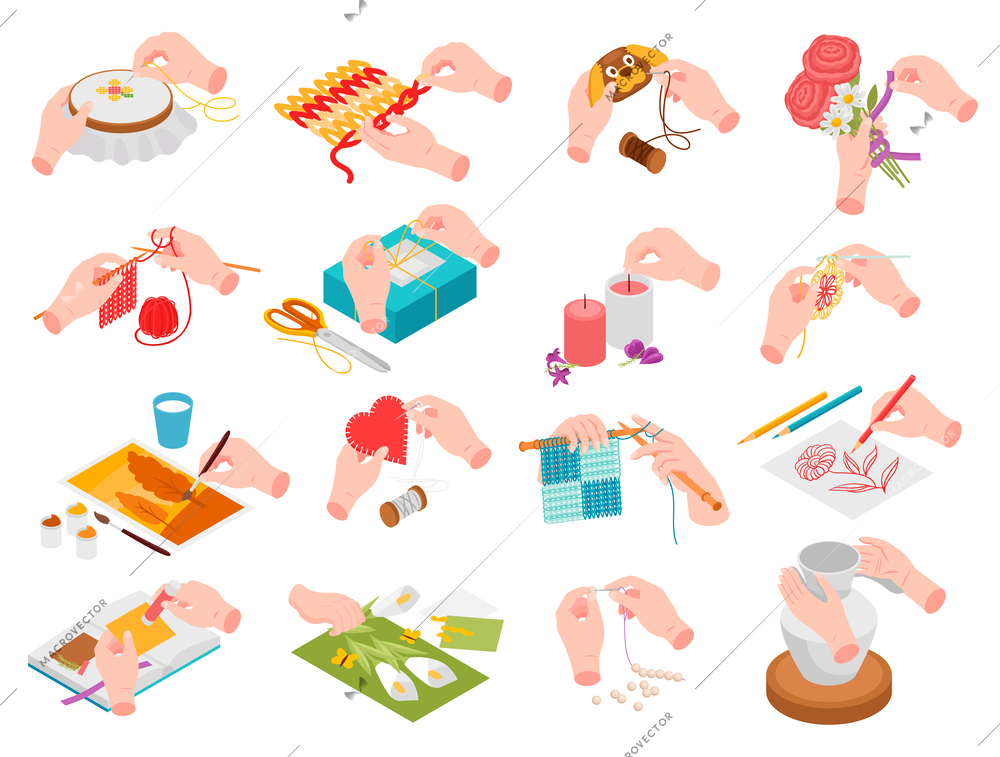 Isometric craft handmade hobbies icon set with candle making sewing embroidery floristry knitting drawing collage vector illustration