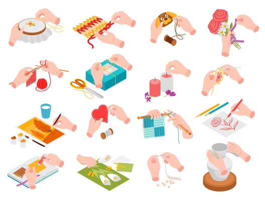 Isometric craft handmade hobbies icon set with candle making sewing embroidery floristry knitting drawing collage vector illustration