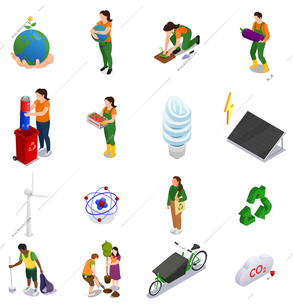 Ecological awareness isometric icons set with alternative sources of energy and people looking after environment isolated vector illustration