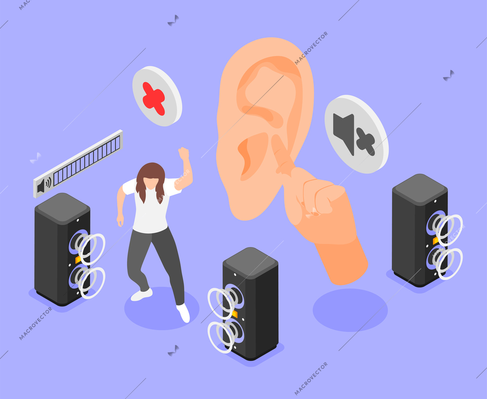 Hearing hygiene and deafness prevention isometric composition with young woman dancing to very loud music vector illustration