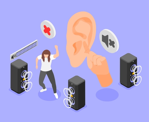 Hearing hygiene and deafness prevention isometric composition with young woman dancing to very loud music vector illustration