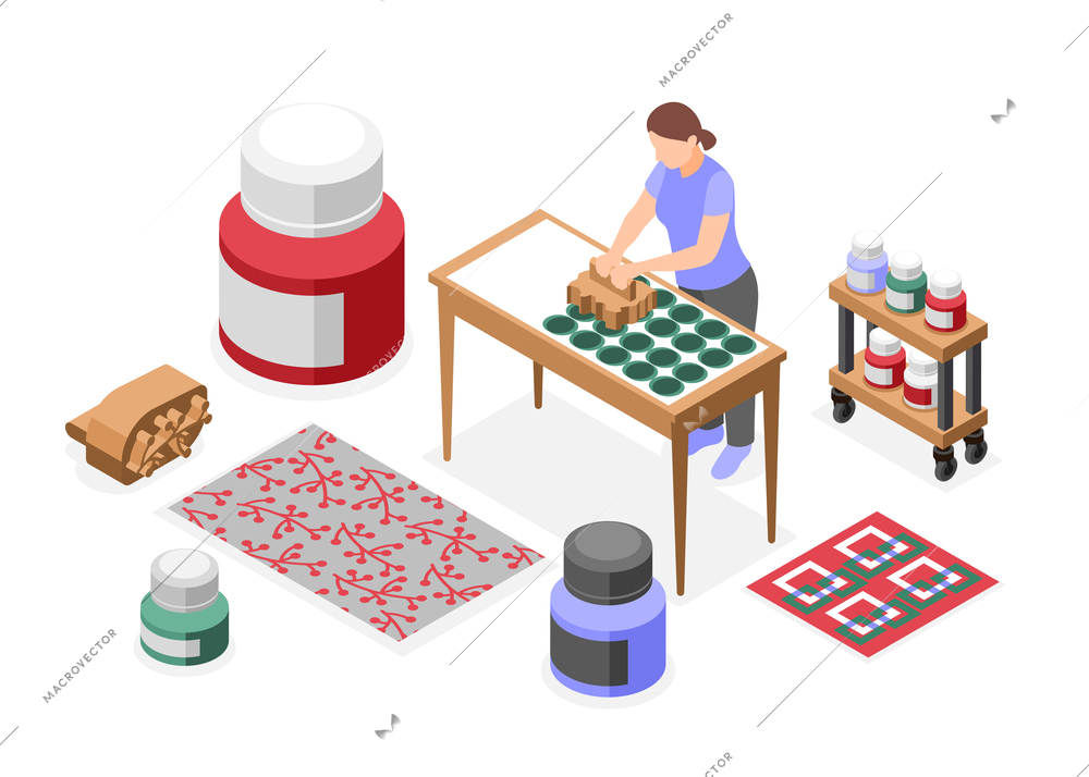 Fabric printing technologies isometric composition with female worker making hand drawn pattern on cloth vector illustration