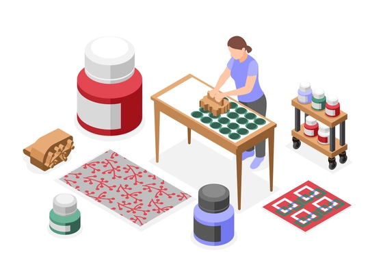 Fabric printing technologies isometric composition with female worker making hand drawn pattern on cloth vector illustration