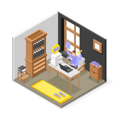 Time management isometric composition with multitasking male character sitting in office with laptop vector illustration