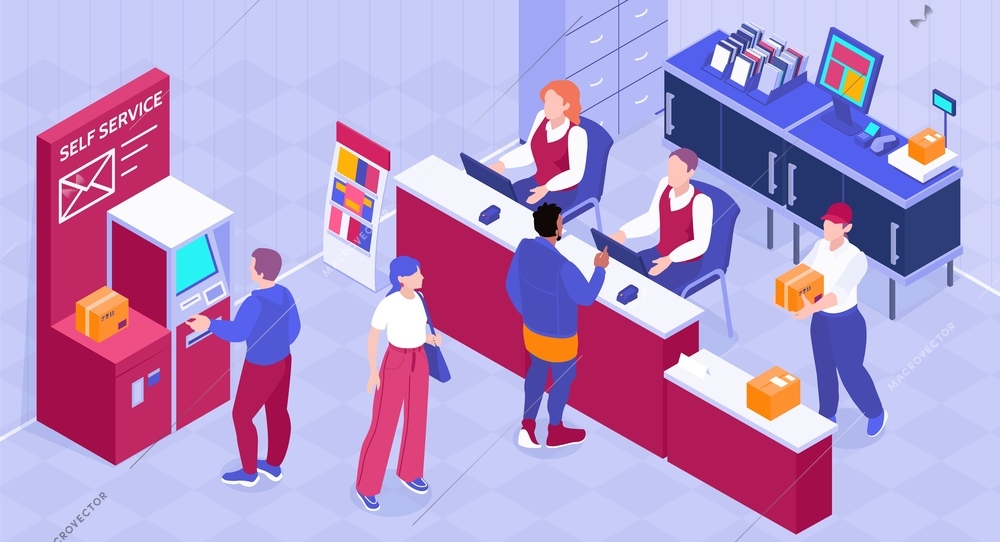 Isometric post office composition with indoor view of branch with workers at stand and self service vector illustration