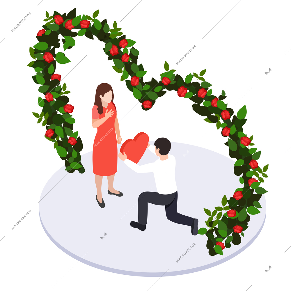 Florist city event flower decoration isometric composition with characters of loving couple under heart shaped arch vector illustration