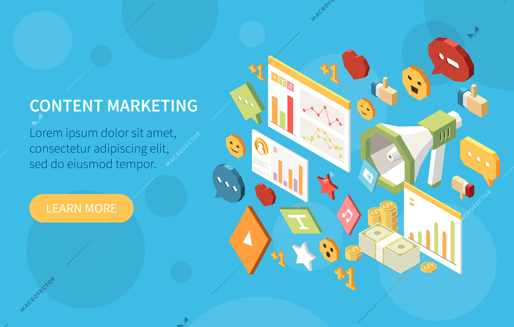 Content management isometric colored banner with content marketing headline and learn more button vector illustration