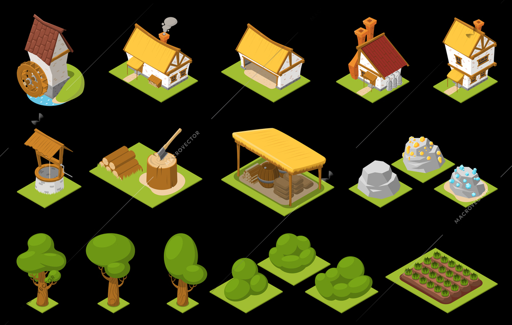 Game set isometric icon set houses with yellow and brown roofs trees and bushes beds vector illustration