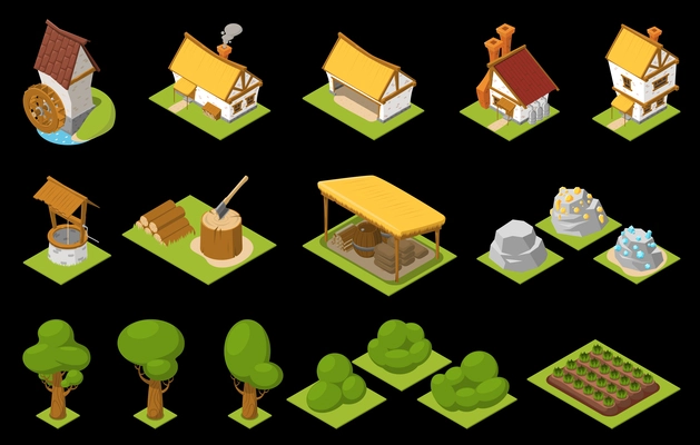 Game set isometric icon set houses with yellow and brown roofs trees and bushes beds vector illustration