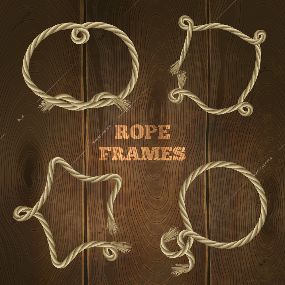 Twisted marine rope frames set on wooden background isolated vector illustration