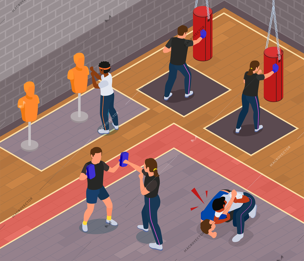 People practising self defence techniques in gym with coaches isometric vector illustration