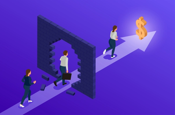 Business people running to their goal breaking brick wall isometric concept on color background vector illustration