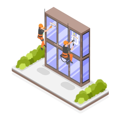 Industrial climber isometric object with two workers in helmets and uniform washing windows of city skyscraper vector illustration