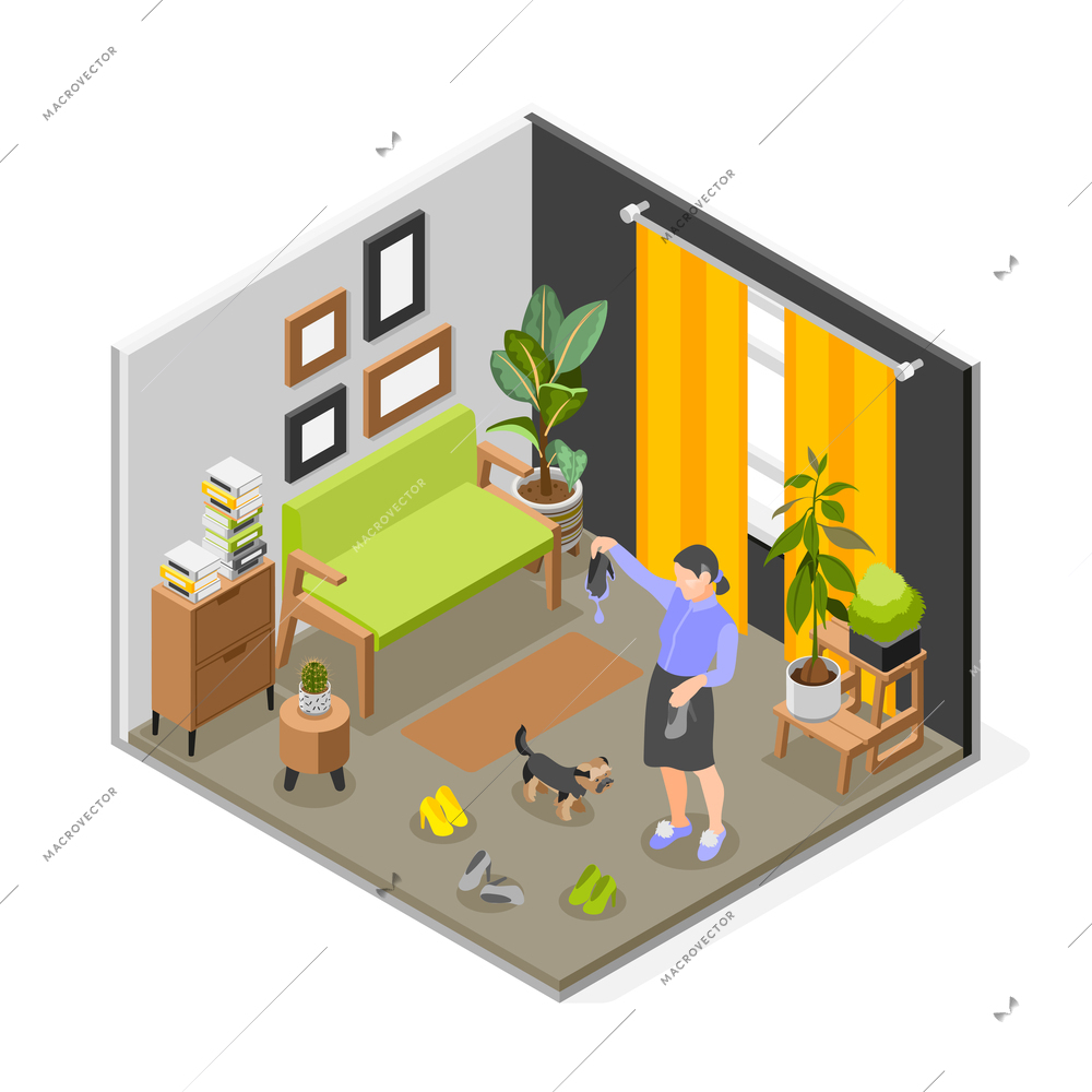 Unlucky day isometric composition angry owner female character scolding puppy pet for shoes damage vector illustration
