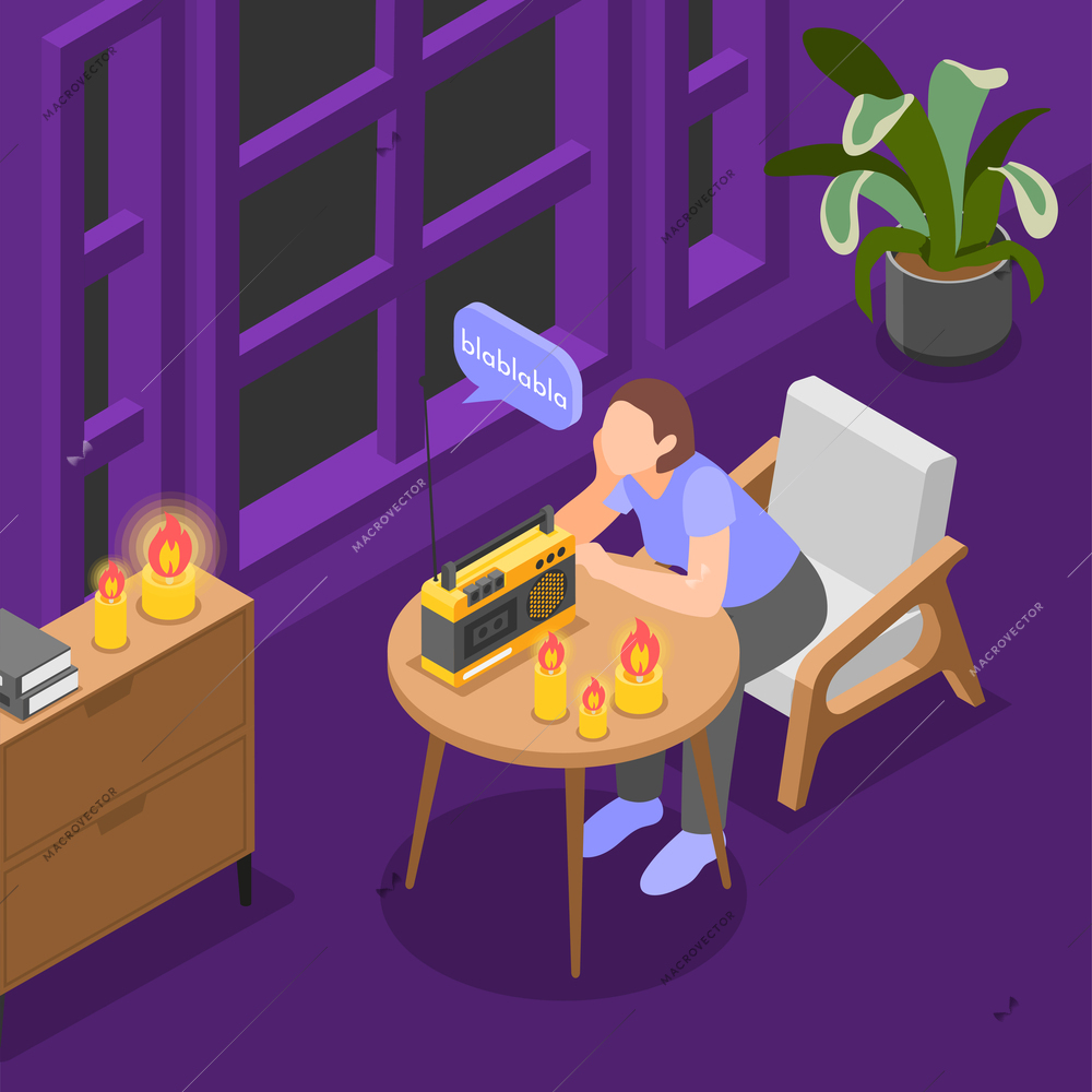 Power outage isometric composition with girl listening portable radio receiver with candlelight vector illustration