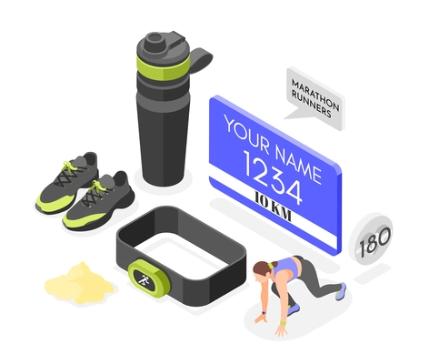 Marathon runner outfit isometric composition consisting of sneakers sport water bottle and other running accessories vector illustration