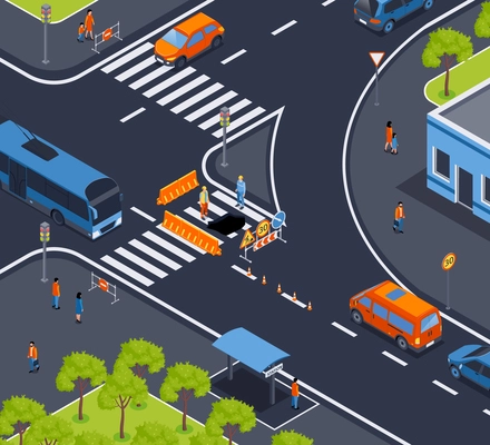 Isometric traffic road barriers composition of city road intersection scenery with traffic cones cars and people vector illustration