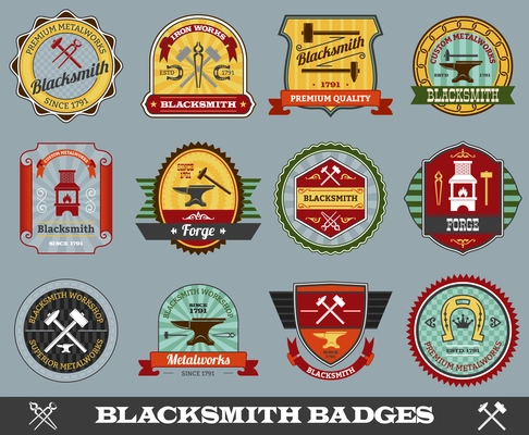 Blacksmith foundry metalwork industry colored badges set isolated vector illustration