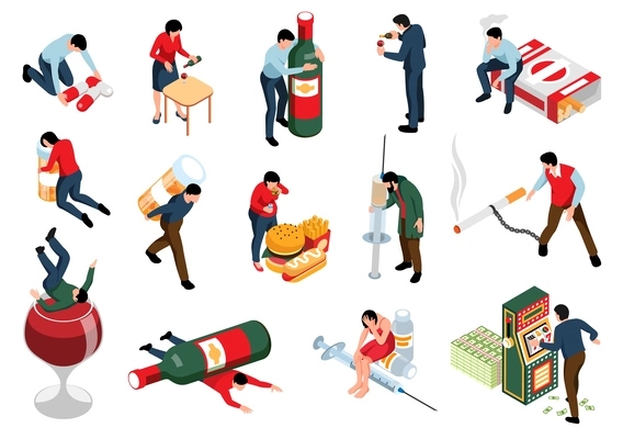 Isometric set of people with various addictions isolated vector illustration