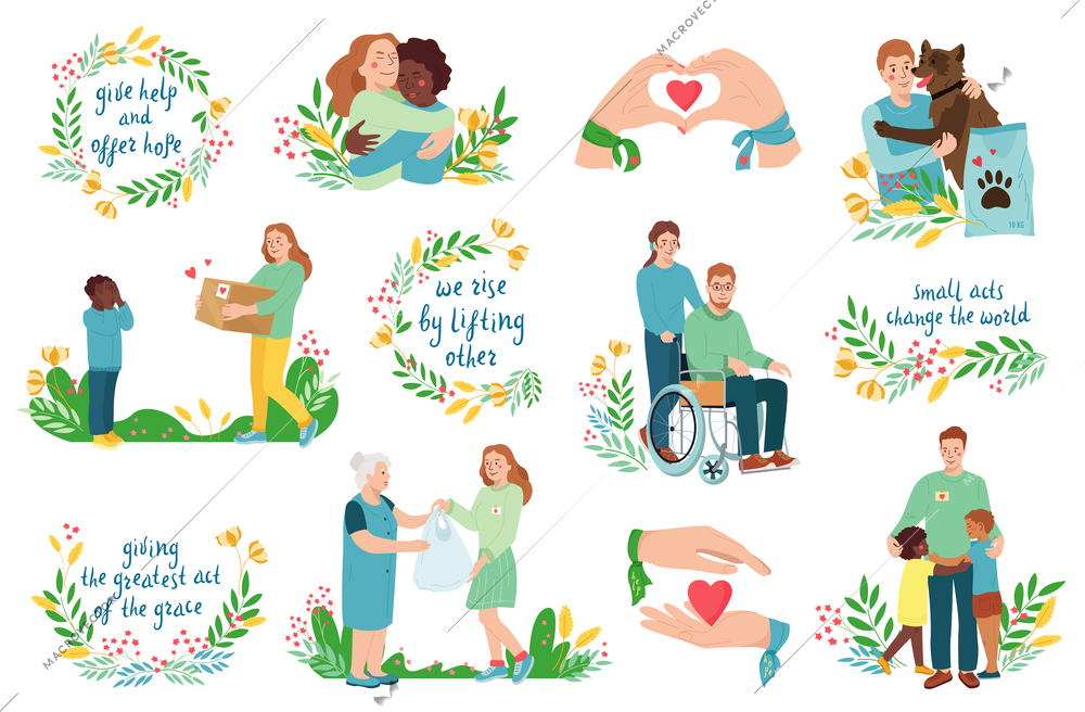 Charity flat icon set with isolated floral compositions of colorful leaves ornate text and human characters vector illustration
