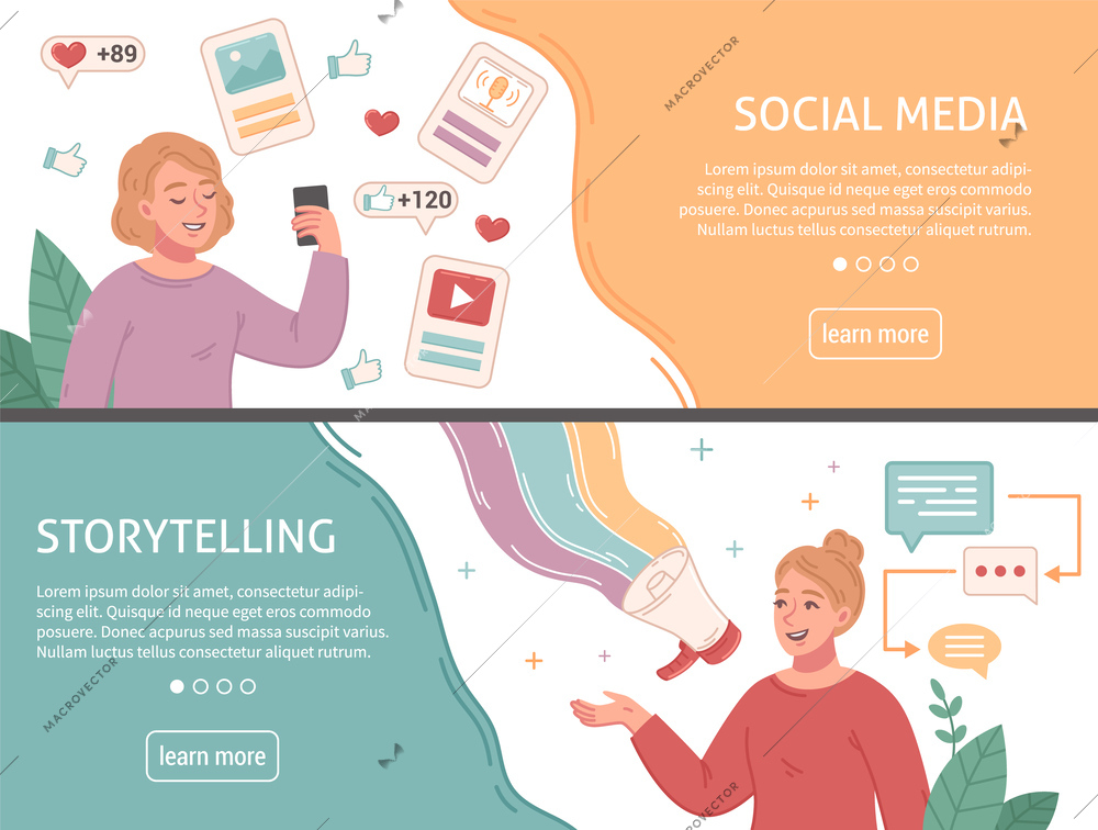 Personal branding flat banner set with social media presence and storytelling symbols isolated vector illustration