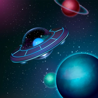 Ufo spacecraft realistic poster with alien spaceship among planets vector illustration