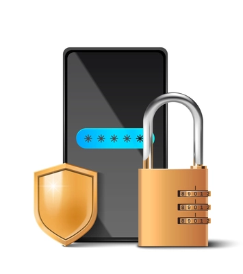 Lock realistic composition with golden padlock and mobile phone vector illustration