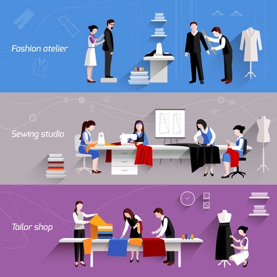 Sewing horizontal banners set with fashion atelier tailor shop elements isolated vector illustration