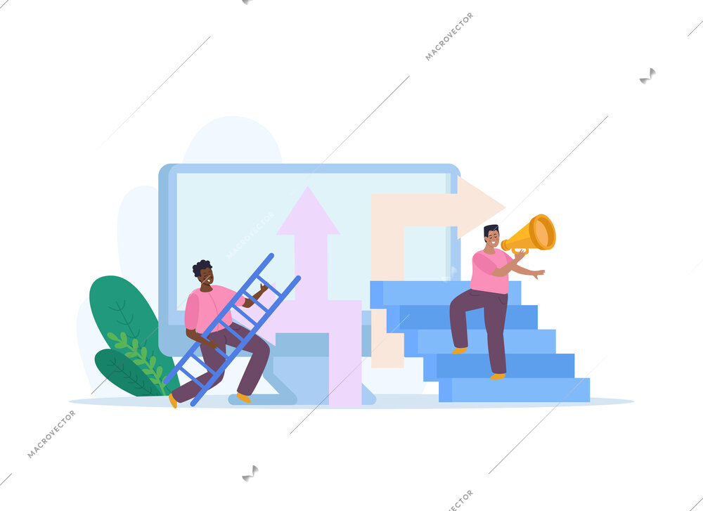 Man with ladder flat composition of doodle characters standing on stairs with arrows and computer screen vector illustration