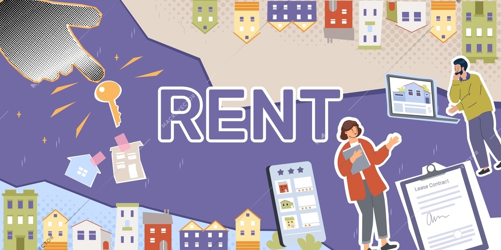 Rent apartment flat collage with colorful buildings lease contract female estate agent and man choosing house vector illustration