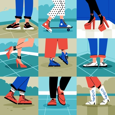 Human legs wearing shoes flat set with male and female footwear in different styles isolated vector illustration