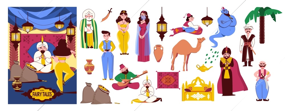 Oriental tales flat composition with cartoon fairytale heroes from arabic tales isolated vector illustration