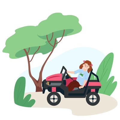 Children toy vehicles flat isolated composition on blank background with teenage girl riding juvenile motor vehicle vector illustration