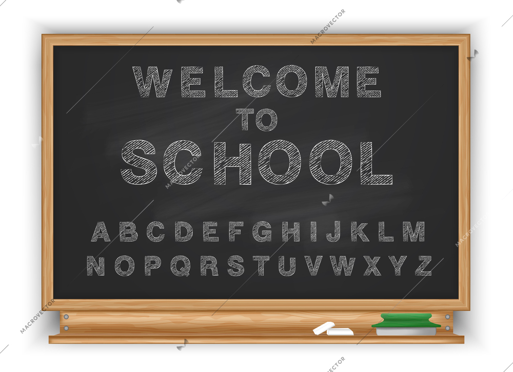 School blackboard chalkboard realistic alphabet composition with isolated view of wooden frame and editable written text vector illustration